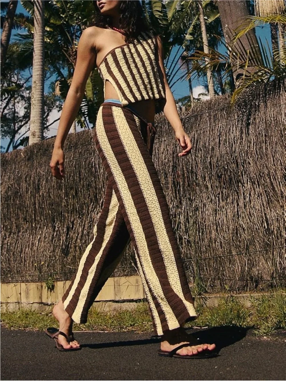 Free‎ People crochet set co-ord matching set pants knit cozy boho striped Small